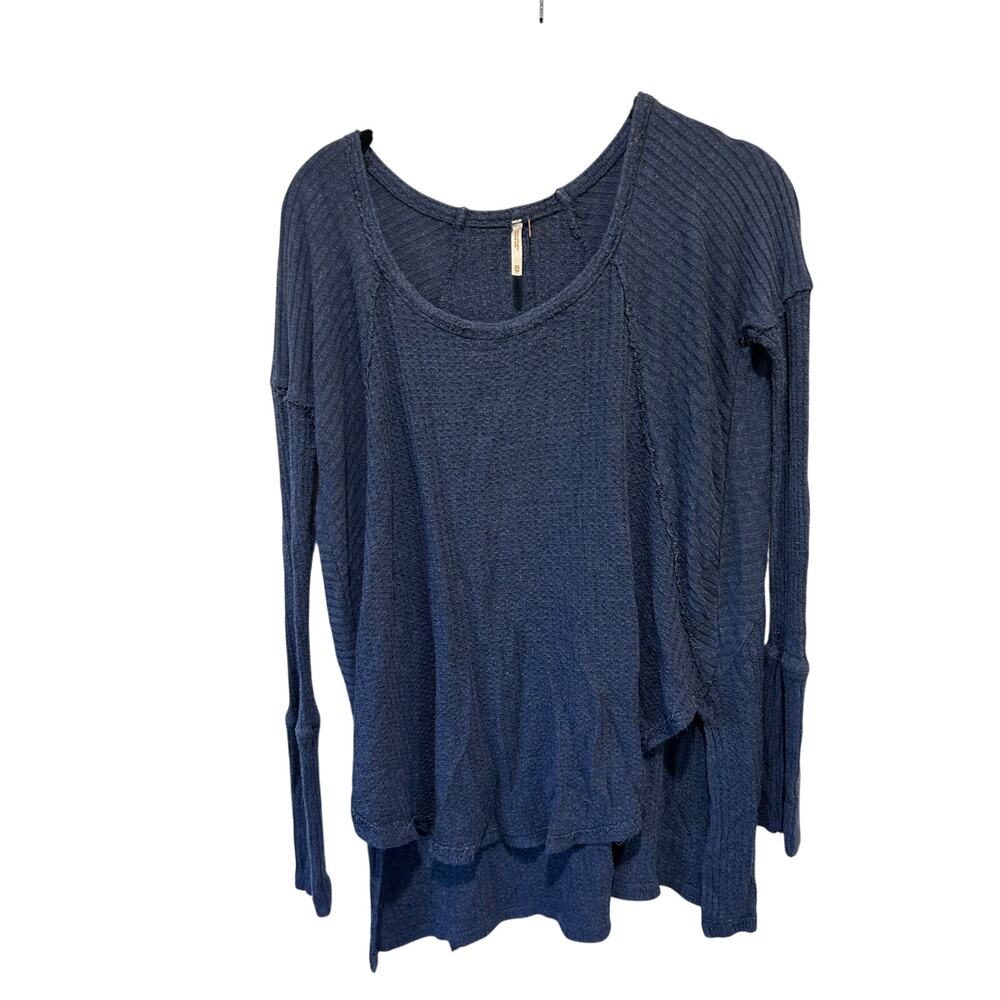 Free People blue waffle knit top size XS long sleeve oversized boxy neutral boho